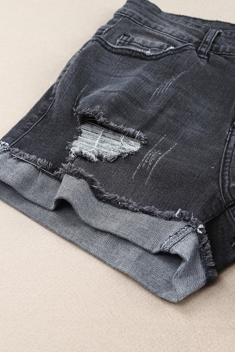 Distressed Ripped Rolled Hem Black Denim Shorts